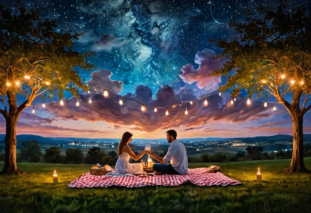 A romantic scene showing a couple holding hands under a starry night sky, surrounded by twinkling fairy lights, with an intimate picnic setup featuring wine and candles. Add soft heart-shaped clouds above them, symbolizing love and connection. The couple should appear deeply engaged in conversation, radiating warmth and affection. mystical and dreamy atmosphere. vibrant colors. painting.