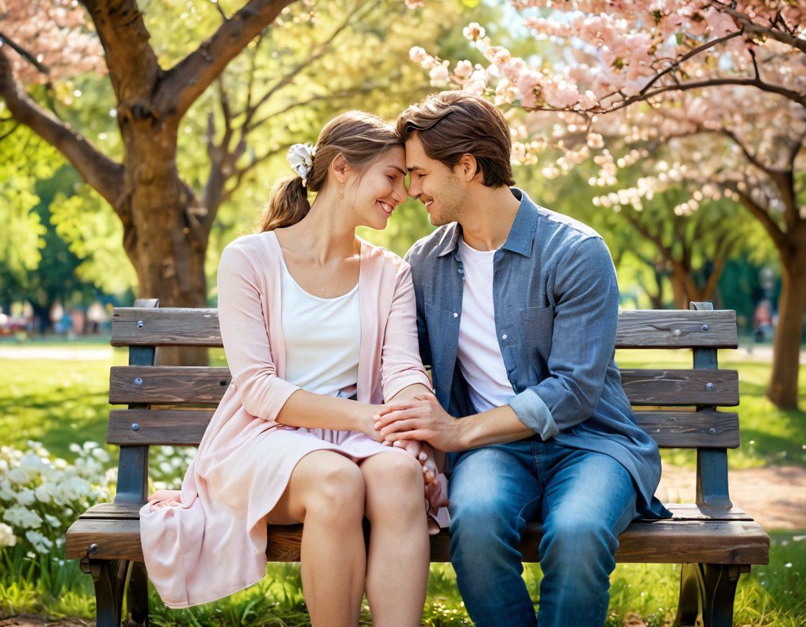 A warm, cozy scene of a couple sharing a tender moment, sitting on a park bench surrounded by blossoming flowers and soft sunlight. The focus is on their interlocked hands and gentle smiles, symbolizing deep connection and devotion. In the background, trees sway gently, adding to the romantic atmosphere. Use soft pastels and warm tones for a comforting feel. super-realistic. vibrant colors.