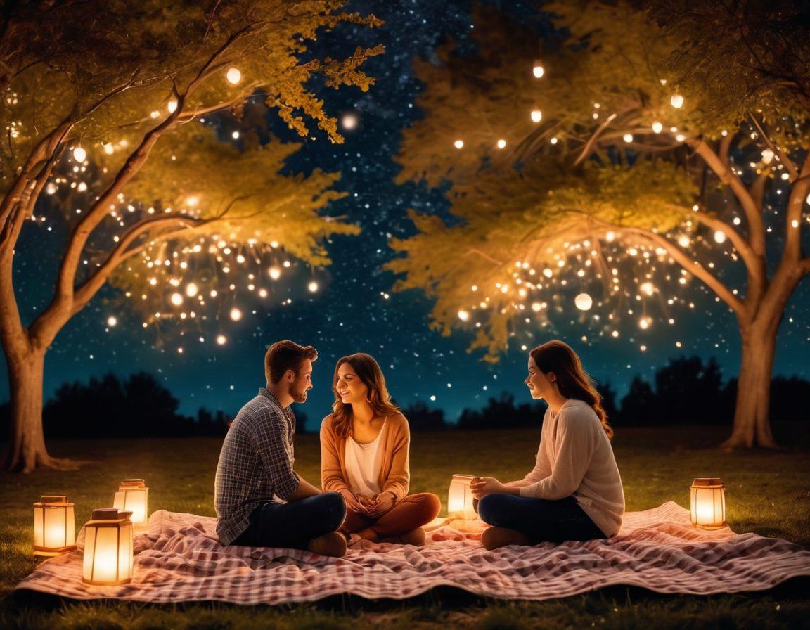 A serene, cozy scene showcasing two friends sitting side by side on a picnic blanket under a starry night sky, engaging in deep conversation with warm, glowing lanterns illuminating their faces. The background features soft trees and a gentle breeze, symbolizing intimacy and connection. Include subtle heart-shaped light patterns in the air to represent deepening love. warm colors. dreamy atmosphere. intimate setting.